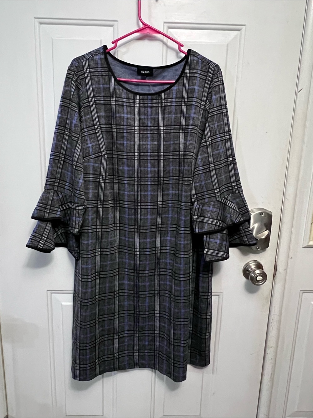 Tacera 2X Plaid Dress Black Blue White Bell Sleeve Flare NWT Plus Size